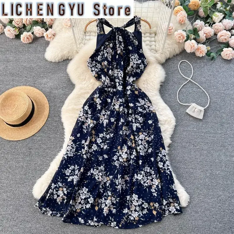 New Split Strapless Halter Contrast Color Print High Waist Vestidos Sweet Style Women's Dress Winter Spring
