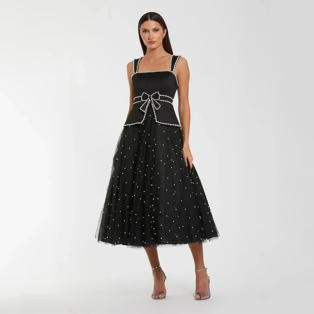 

Customized Black Tulle High Quality Evening Dresses Square Collar for Floor-Length Pearls for Formal Evening Vestidos De Fiesta