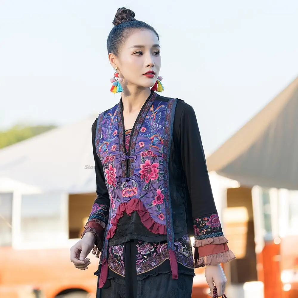 2024 ethnic sleeveless jacket national flower embroidery v-neck vest traditional harajuku waistcoat vintage tang suit gilet