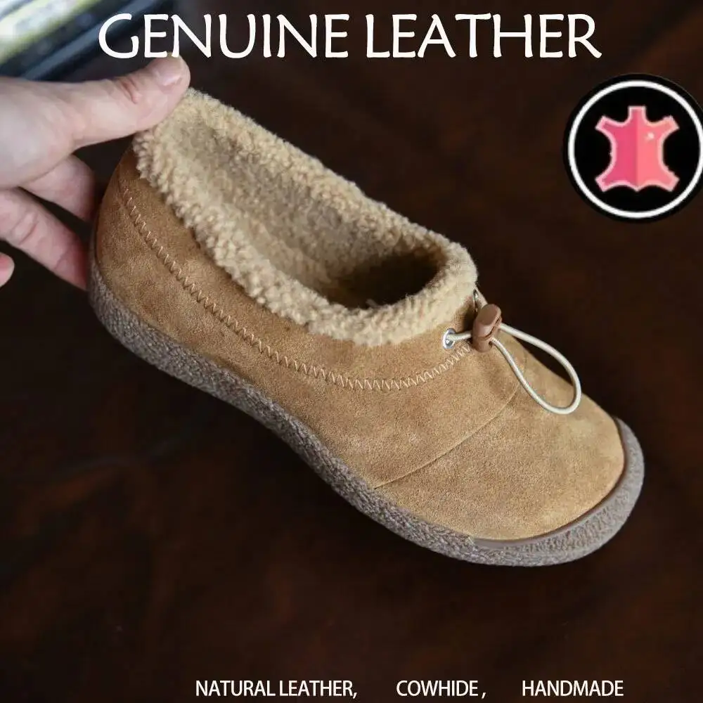 Thick Bottom Genuine Leather Plush Slippers Women's Winter Warm Fleece Slip-On Clog Style round Toe Casual Rubber Sole Footwear