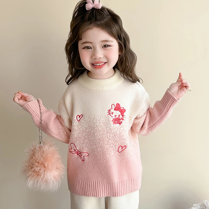 

Sanrio Hello Kitty вязаная нижняя рубашка с героями мультфильмов, осенне-зимний свитер, утепленные топы с круглым вырезом в стиле аниме, милый пуловер, подарок для девочки