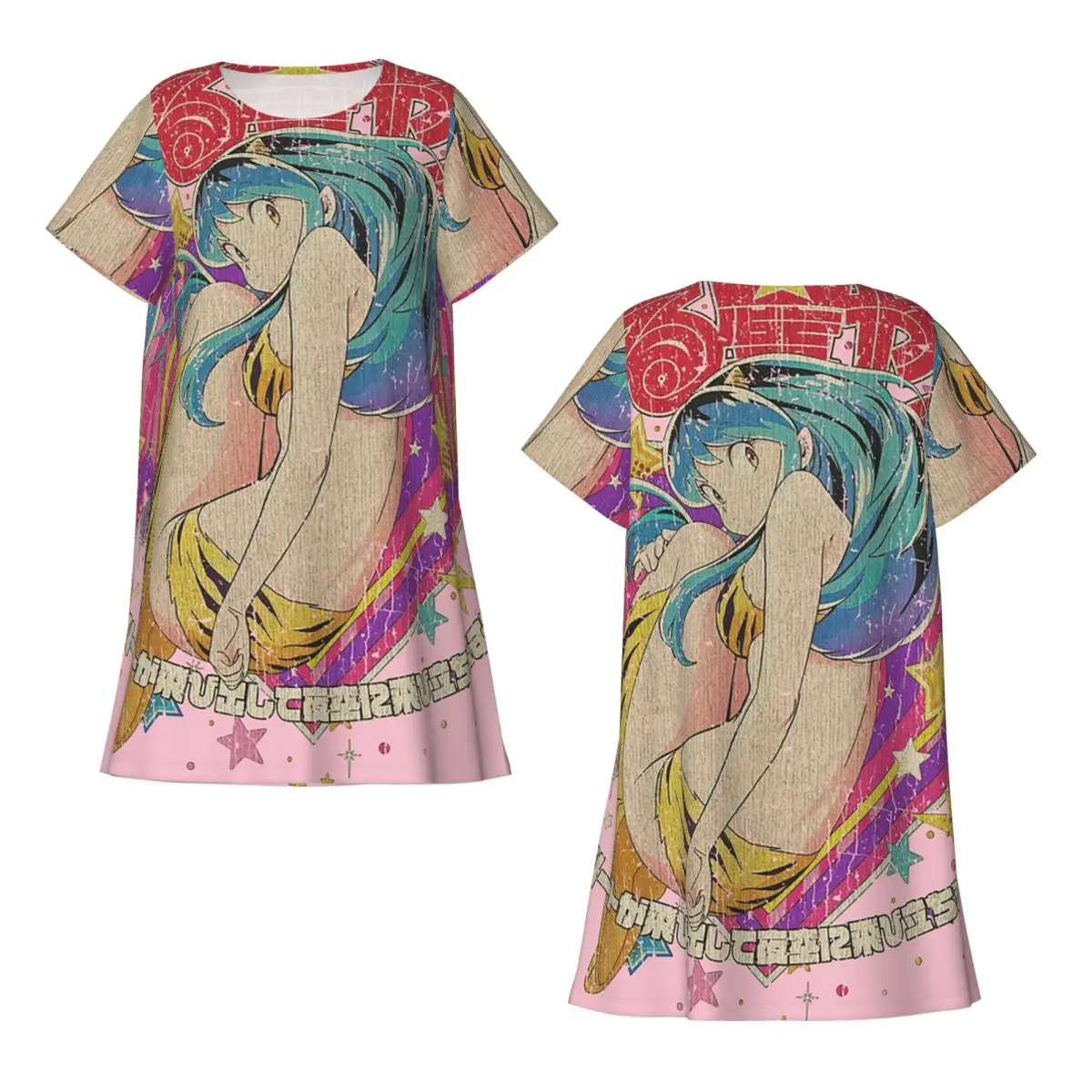 Custom Flying Lamu Anime Urusei Yatsura Short Sleeves Nightdress For Sleepshirts Women Short Sleeve Nightgowns Soft Pajama Dress