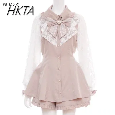 Japanese Mine SC Dress Suit Mass-Produced Sweet Long Sleeve Lace Bow Dress Slimming Shirt Dress Shorts Sets Lolita Women Outfits