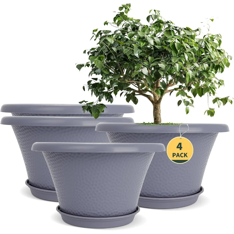 

12-дюймовый большой горшок для растений в помещении и на открытом воздухе, 4 упаковки пластиковых цветочных горшков с дренажным отверстием, поднос, современный декоративный сад