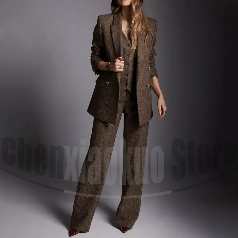 Chic Herringbone Women's Suit 4 Piece Wool Blend Long Coat Blazer Vest with Wide Leg Pants Elegant Double Breasted Outfit
