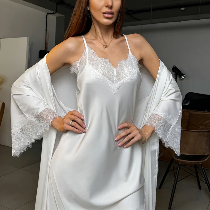 HiLoc Black Elegant Lace Women Pajamas 2-Piece Long-Sleeved V-Neck Wrap-Around Lace Long Robe Sleeveless Suspender Short Dress