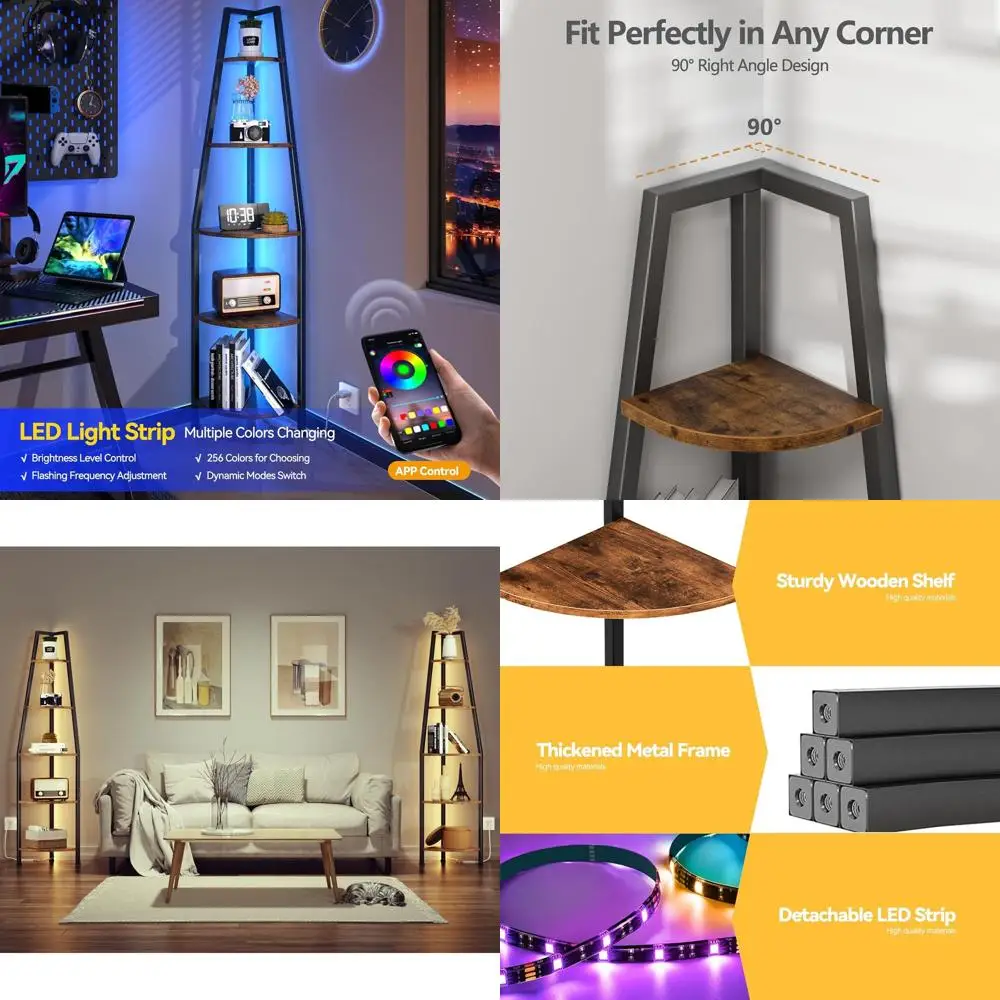 

5 Tier Corner Shelf with LED Light, 67.2” Tall Standing Shelf for Wall Corner, Narrow Bookshelf Ladder Shelf for Bedroom, Living