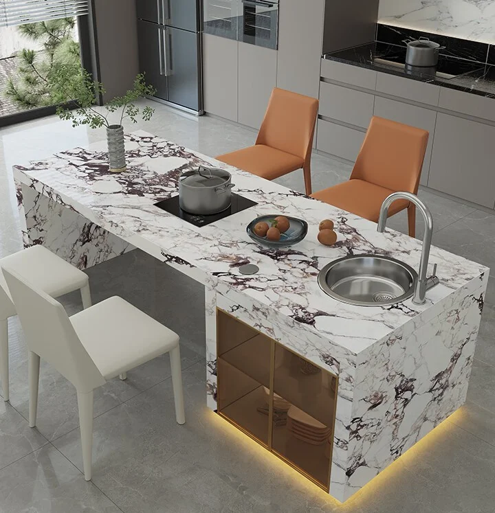 Island table integrated kitchen household luxury stone guide inverted countertop table custom rock slab restaurant