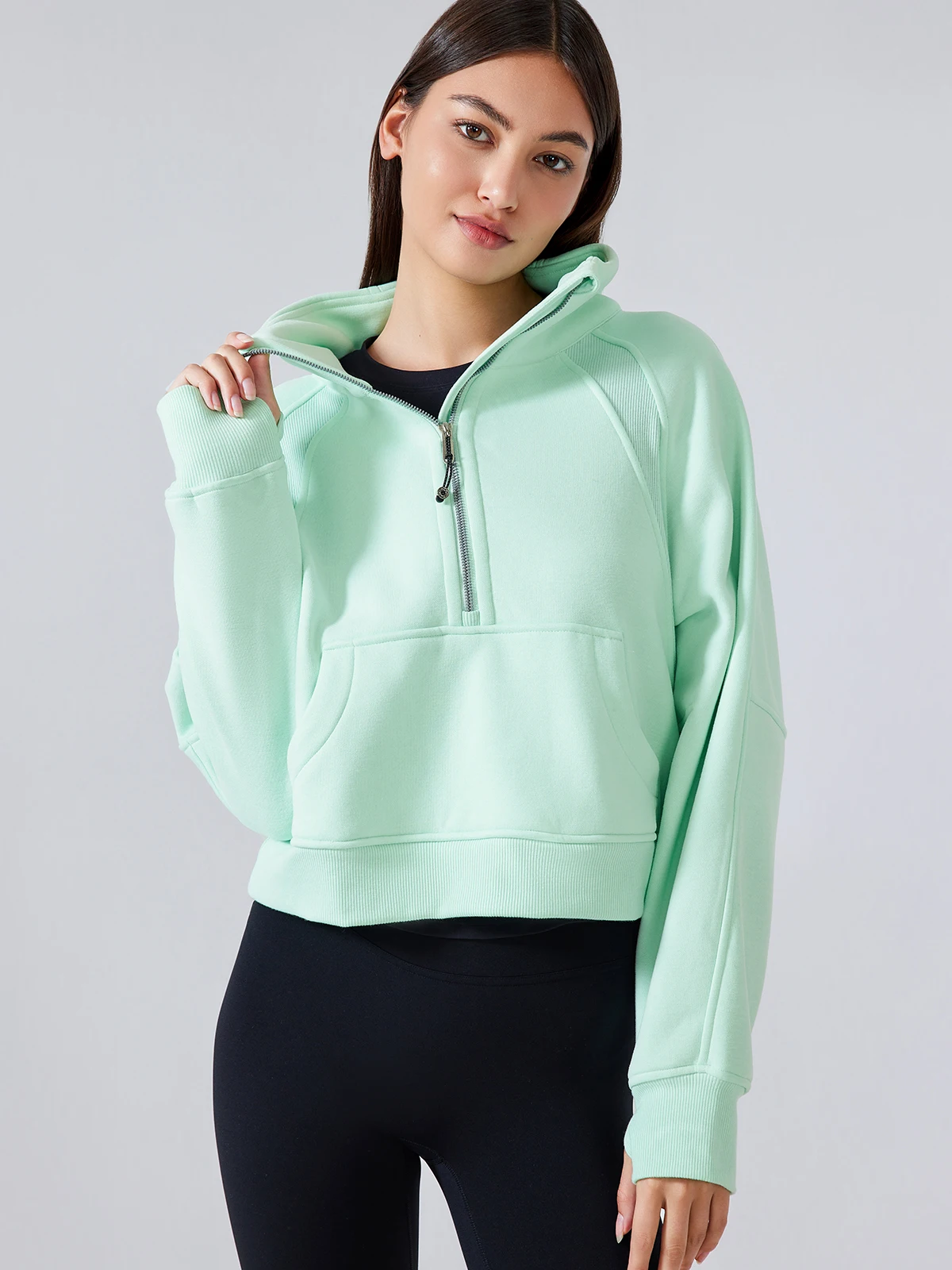 2024 Autumn New Half Zipper High Stand Collar Pullover Top for Women\'s , Warm and Fleece Thick Sports Hoodie for External Wear