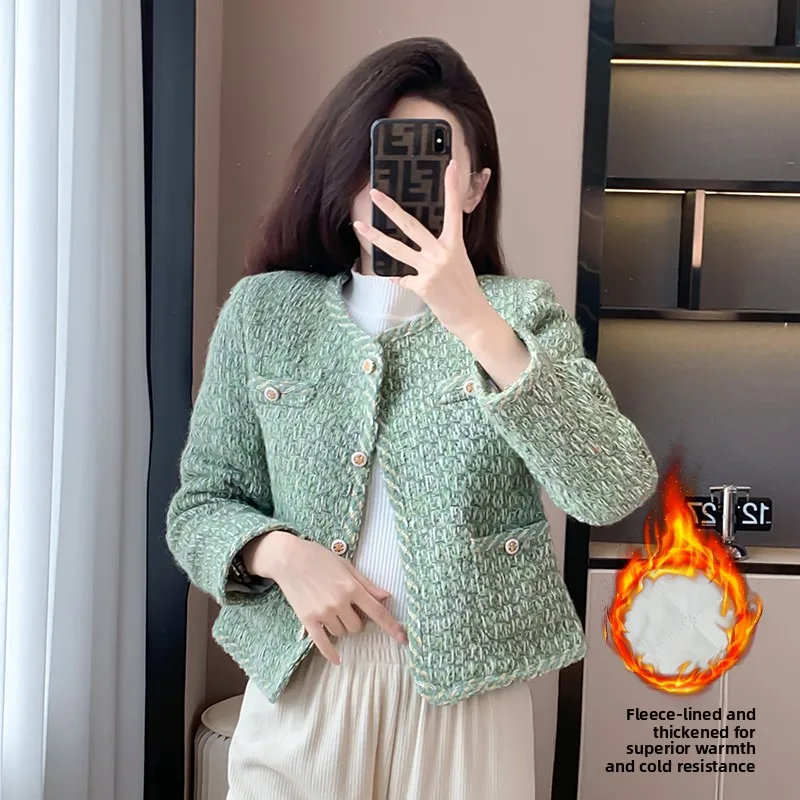 een Tweed Cotton Lined ort Women's Jaet Faionable Small Size Winter Outerwear round Ne Button up Loose Fit Coat