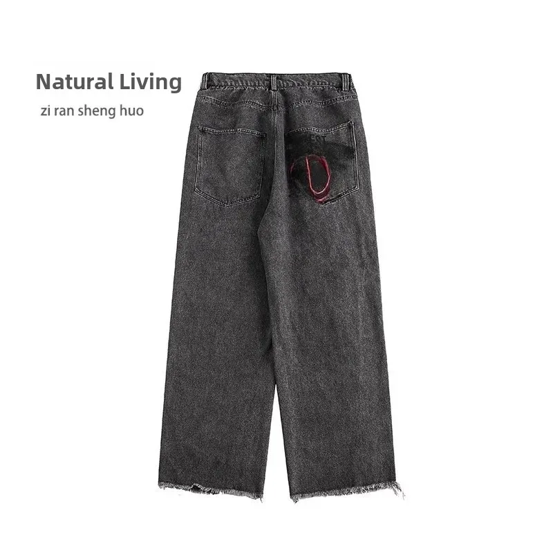 American High Street Graffiti Cartoon Gradient Denim Jeans Men Loose Versatile Trendy Wide Leg Long Pants Casual Style