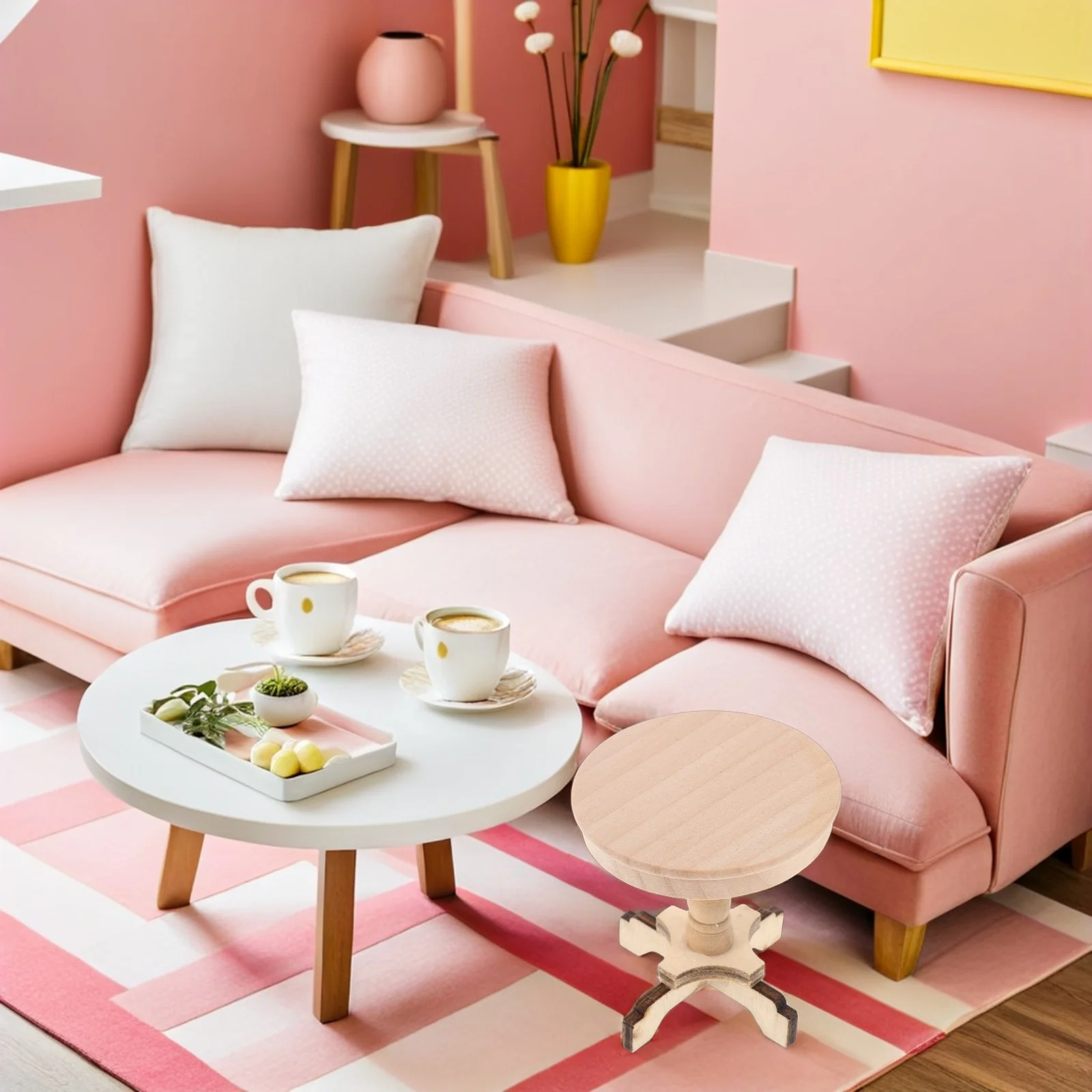 Juego de muebles en miniatura de madera, 2 uds., escala 1:12, té redondo pequeño para casa de muñecas, mesa de centro portátil ligera, Mini mesa auxiliar