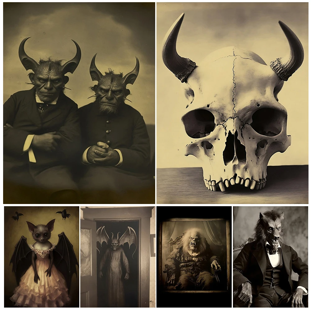 Werewolf,Witch Cat,Spooky,Demon Skull Antique Victorian Photo Vintage Wall Art Print Dark Academia Witch Art Poster Print Decor