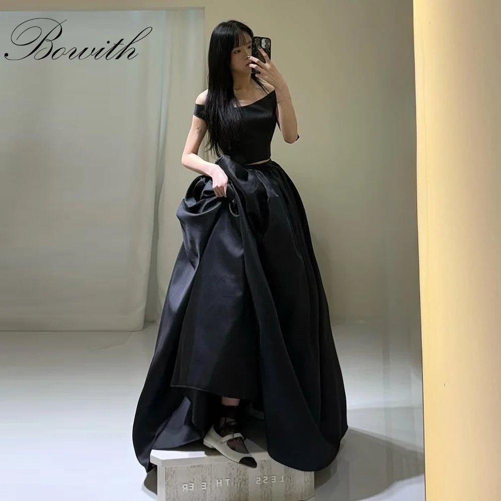 

Bowith Black Evening Party Dresses Scoop Collar Off the Shoulder Korean Wedding Snap Dresses Customized Floor-Length Prom Dress