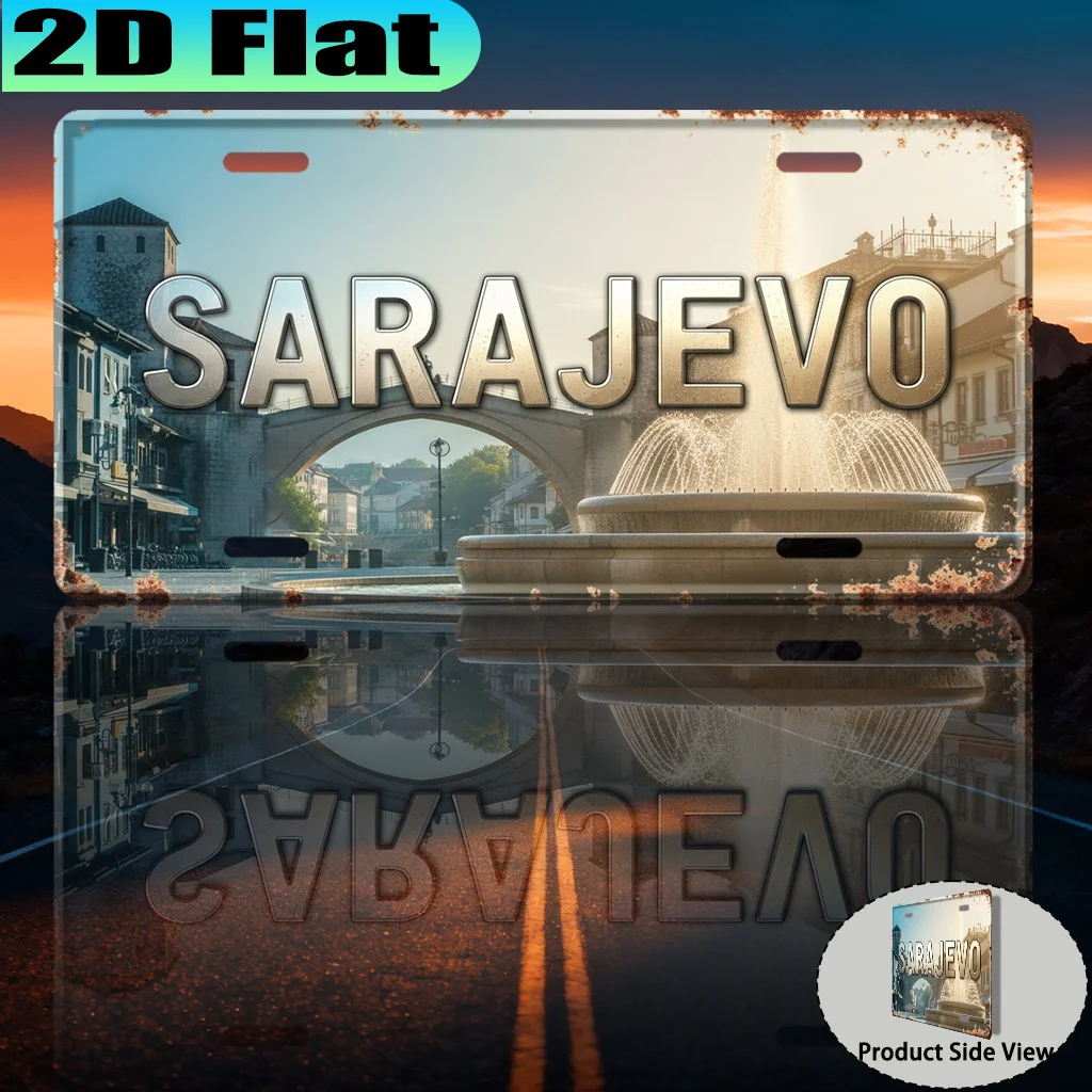 HD Aluminum Metal Sign, Sarajevo Bosnia and Herzegovina Vintage License Plate Style Wall Decor, Retro City Fountain Bridge Lands
