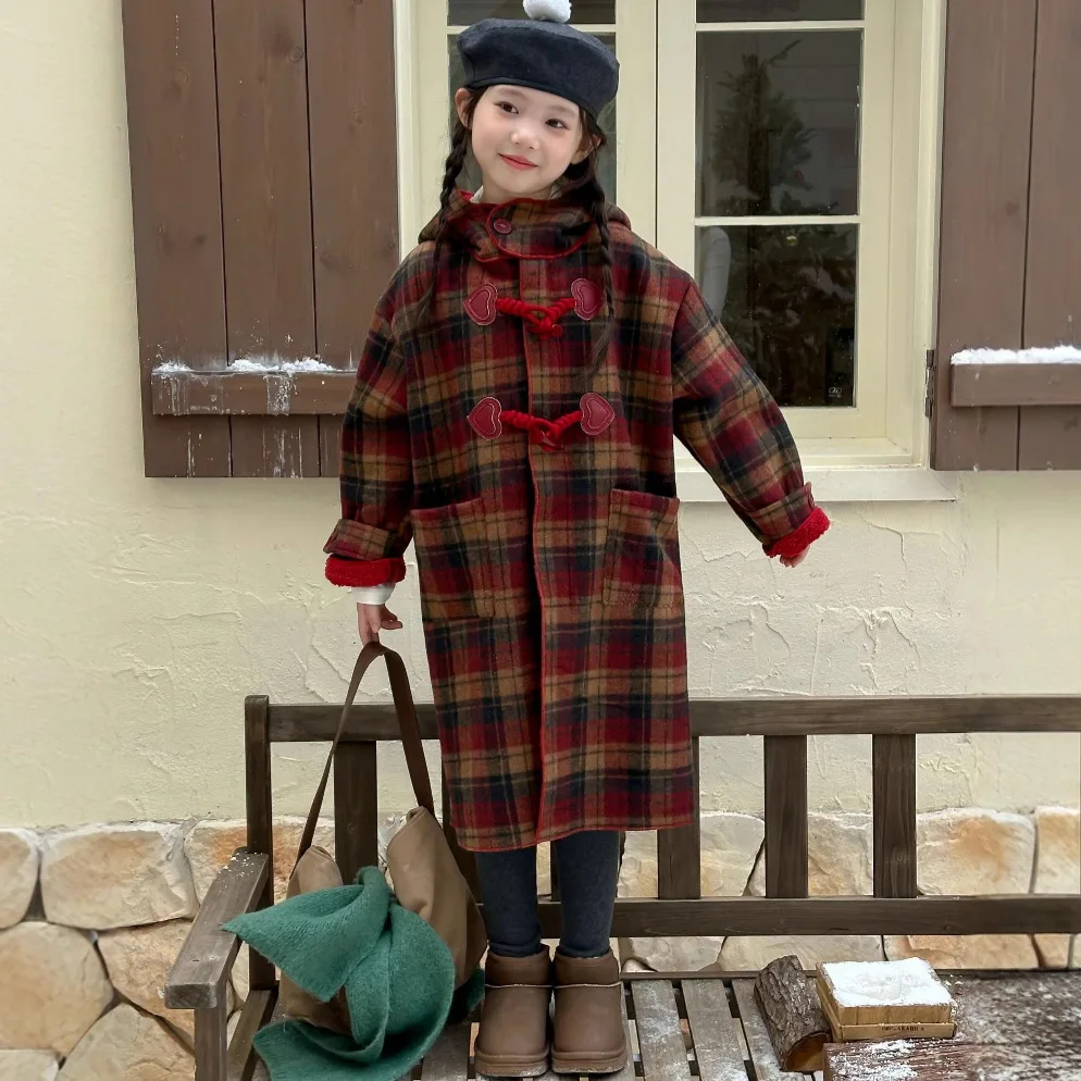 Winter Children Girls Long Duffle Coat Thicken Velvet Plaid Kids Girls Hooded Outerwear Vintage Cotton Toddler Girls Warm Jacket