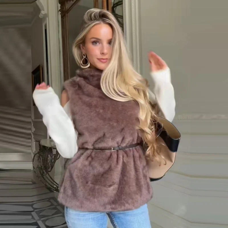 

Модный меховой жилет, осенне-зимний модный топ без рукавов с высоким воротом в стиле ретро, универсальный шикарный модный стильный женский уличный костюм