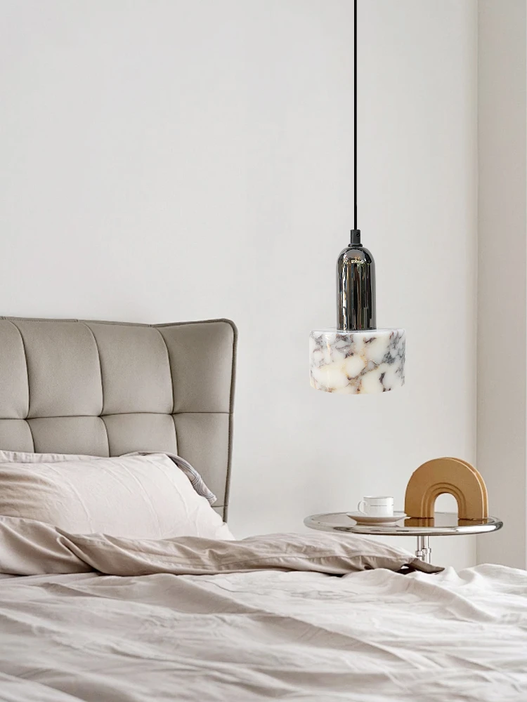 Luxury Black Round Natural Stone Pendant Lamp Led Marble Bedside Hanging Lamp Minimalist Dining Room Travertine Pendant Light