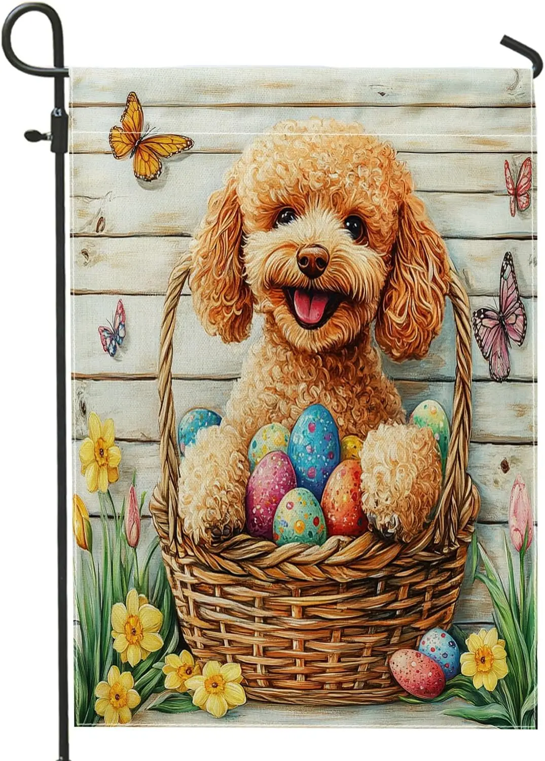 Spring Easter Poodle Dog Garden Flags 12”x18” Double Sided for Outside, Floral Basket Eggs Front Yard Small Canvas House Fla ZZM