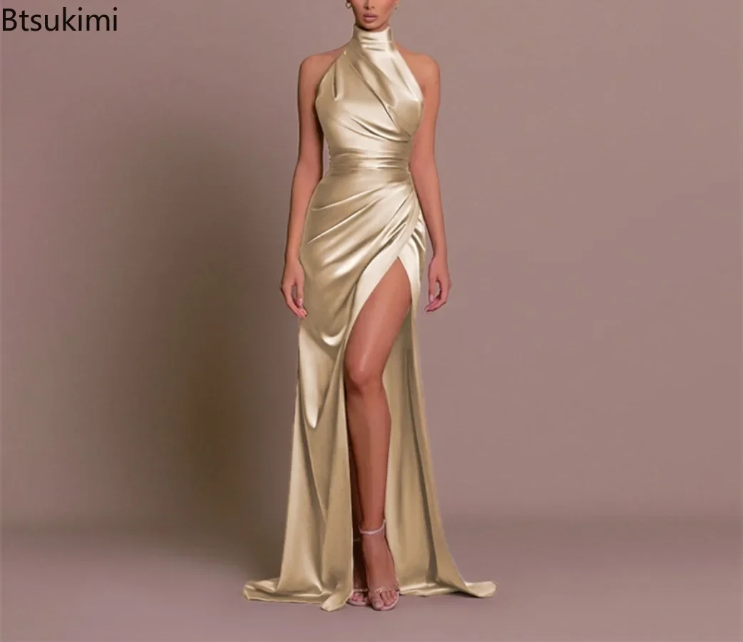 

2025 Women's Elegant Evening Dresses Solid Satin High Waist Slim Halter Maxi Dress Sexy Sleeveless Split Dress Bridesmaid Gowns