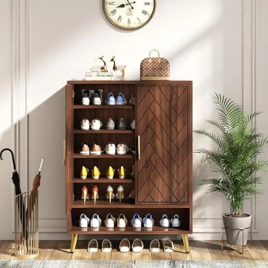 Armário para sapatos com portas, armário para armazenamento de sapatos de 6 camadas e 18 pares para entrada, sala de estar, quarto (noz, pernas douradas)