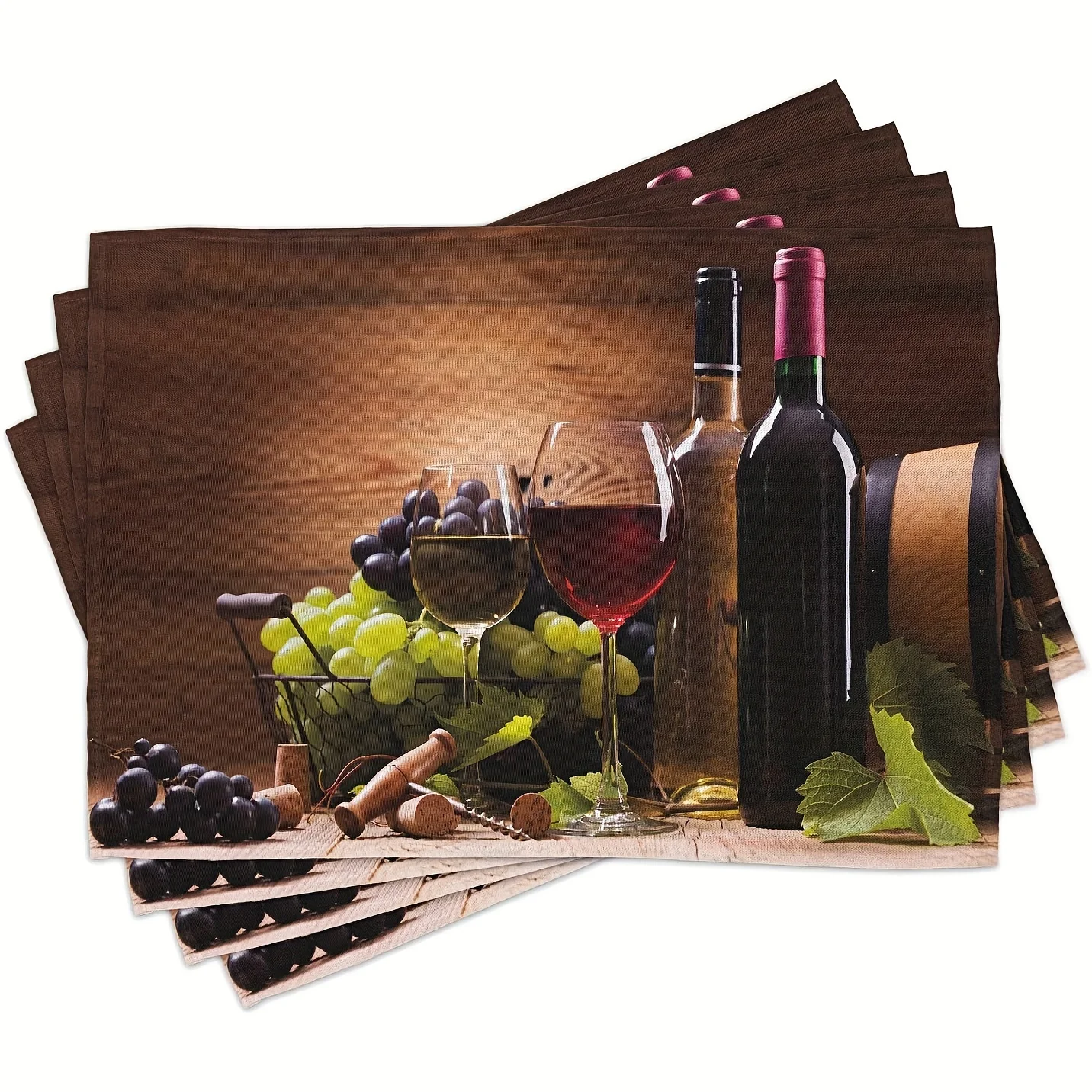 4pcs, Glasses of Red and White Drink Served Grapes French Gourmet Tasting Placemats Set for Dining Table, Brown Created-Ruby
