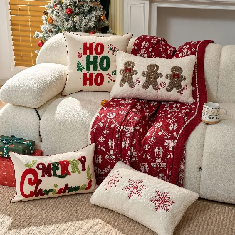 1pcs Thick Cotton Linen Xmas Pillow Cover Red Green Embroidery Holiday Photo Prop Rectangular Decorative Sofa Cushion Case