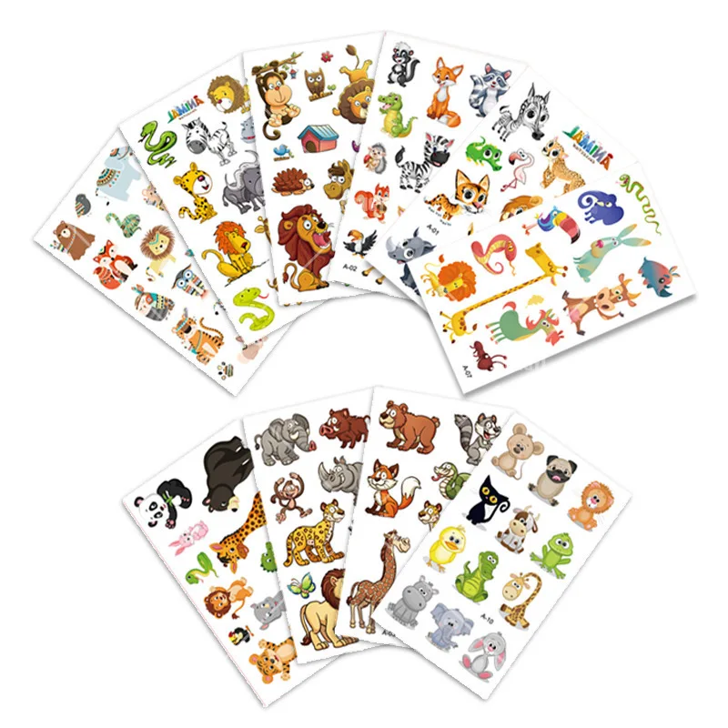 Juego de pegatinas de tatuaje temporal de animales, Set de 10 hojas de pegatinas de León, jirafa, elefante, conejo, regalo para Baby Shower, maquillaje corporal