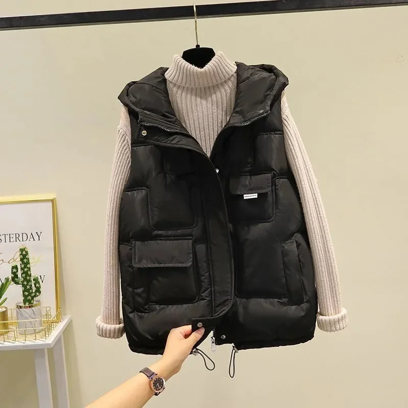 2024 Autumn Winter Vest Women Thick Warm Down Vest Loose Jacket Casual Hooded Outerwear Short Waistcoat Windproof Vest Coats