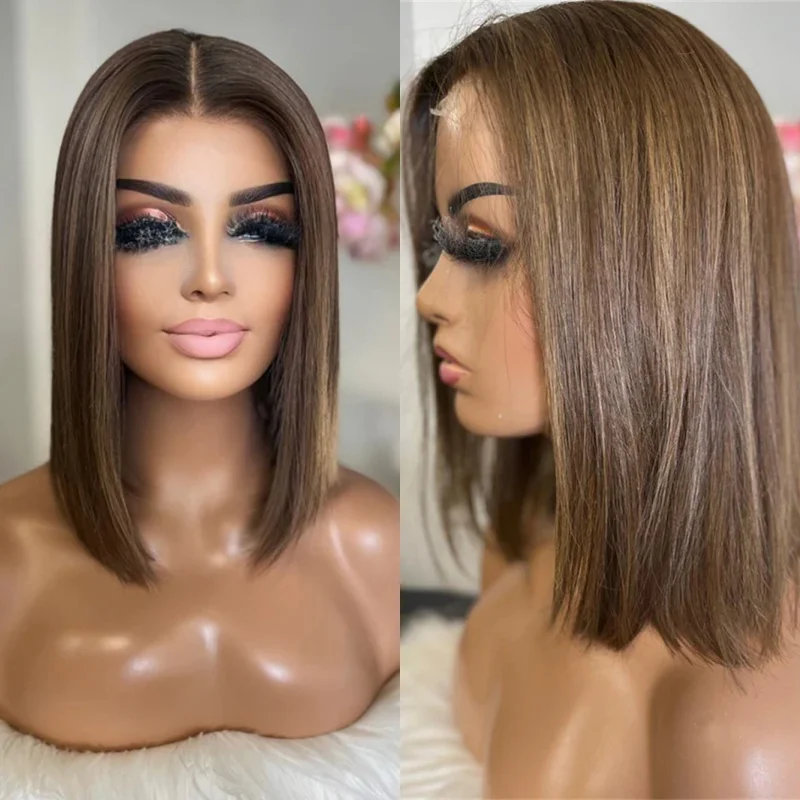 

High Quality Wig Ombre Caramel Brown with Blonde Streaks Synthetic HD Lace Front Wig Realistic Look Short Straight Bob Free Part