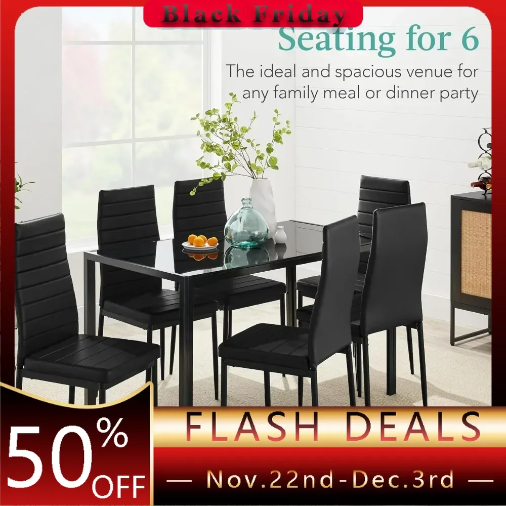 

7-Piece Glass Dining Set, Modern Kitchen Table Furniture for Dining Room, Dinette,Glass Tabletop, 6 Upholstered PU Chairs,