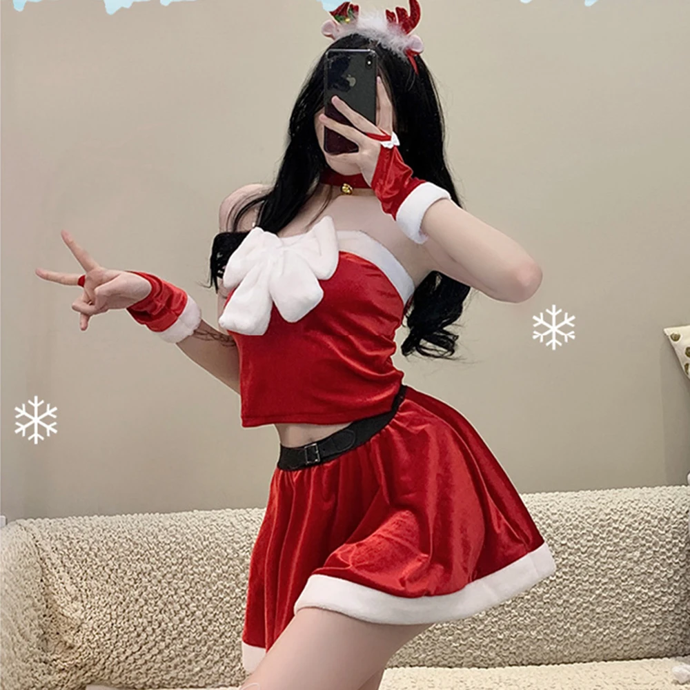 Disfraces de Cosplay de la señora Santa Claus de navidad, traje de Festival de vacaciones, vestido de fiesta de lujo, conjunto de Top corto y falda, lencería Sexy, camisón