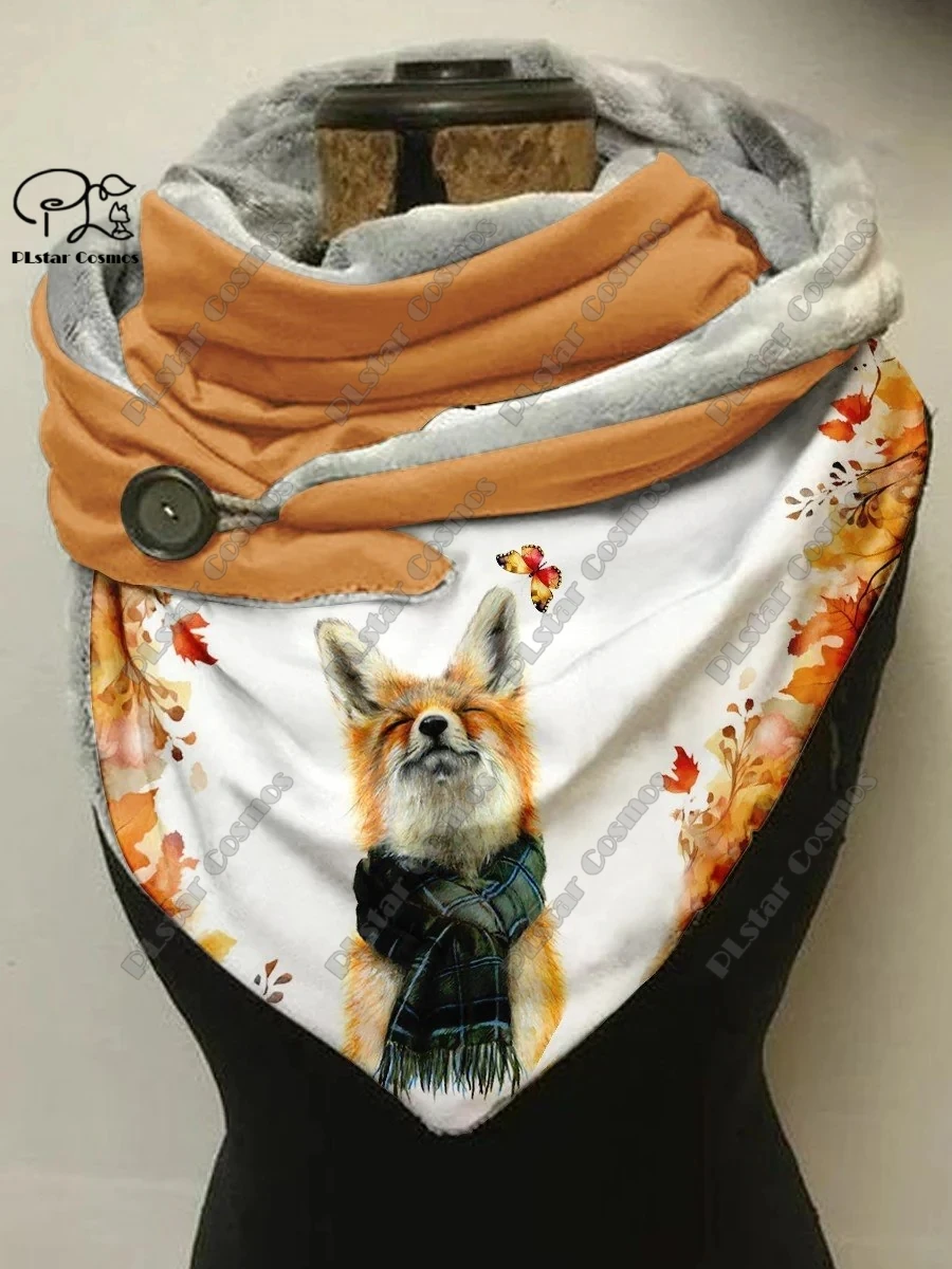 3D printing animal series cute fox fallen leaves snowflake pattern women\'s warm shawl spring and winter small triangle scarf H-2