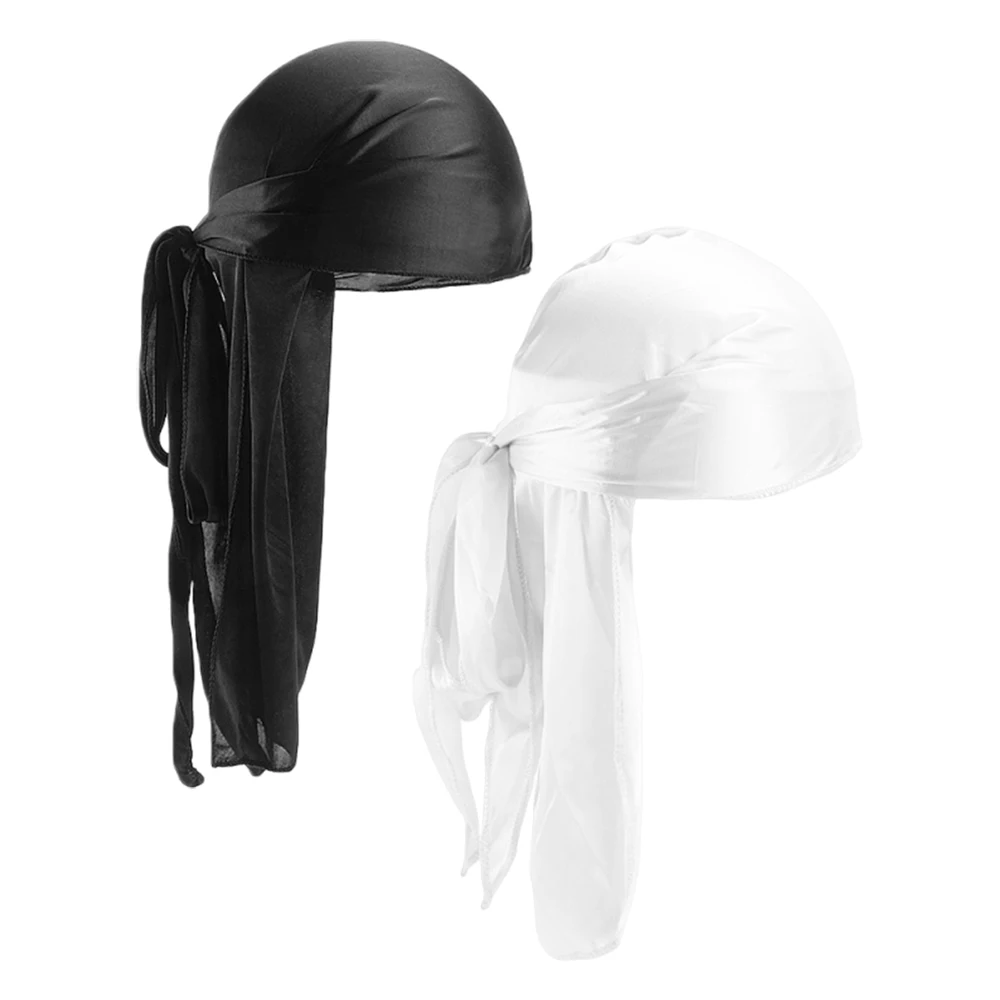Black Satin Durag Pirate Headwrap Long Tail Turban Doo Rag Cap Men Women 360 Waves Hair Care Hip Hop Halloween Cosplay Headwear