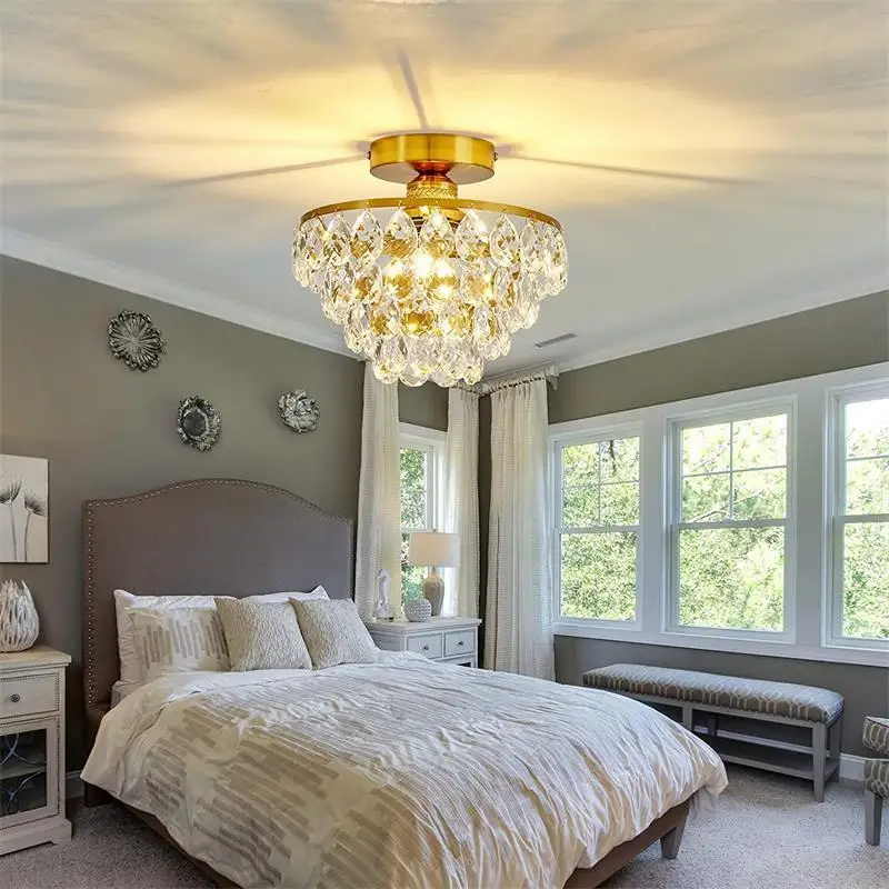 

French Style Semi Flush Mount Ceiling Light Gold /Black/Silver Modern Crystal Ceiling Lamp Hallway Cloakroom Small Chandelier