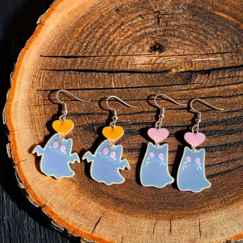 4 Pairs Cute Halloween Earrings – Spooky Acrylic Illusion Ghosts with Heart Charms, Fun Party Jewelry for Women
