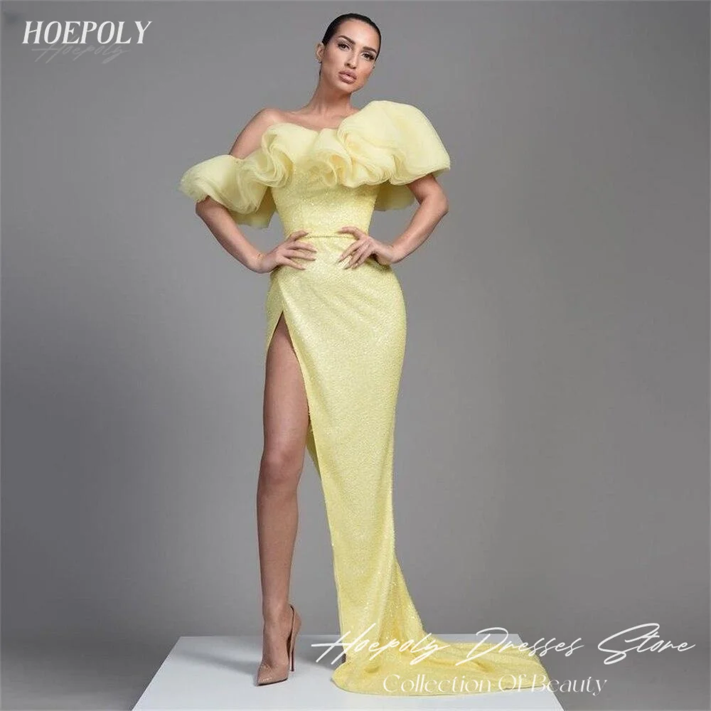 Hoepoly Off The Shoulder Avondjurken Trompet Usa Euro Formele Prom Jurken High Split Celebrity Avondjurk Feest Sexy Vrouwen