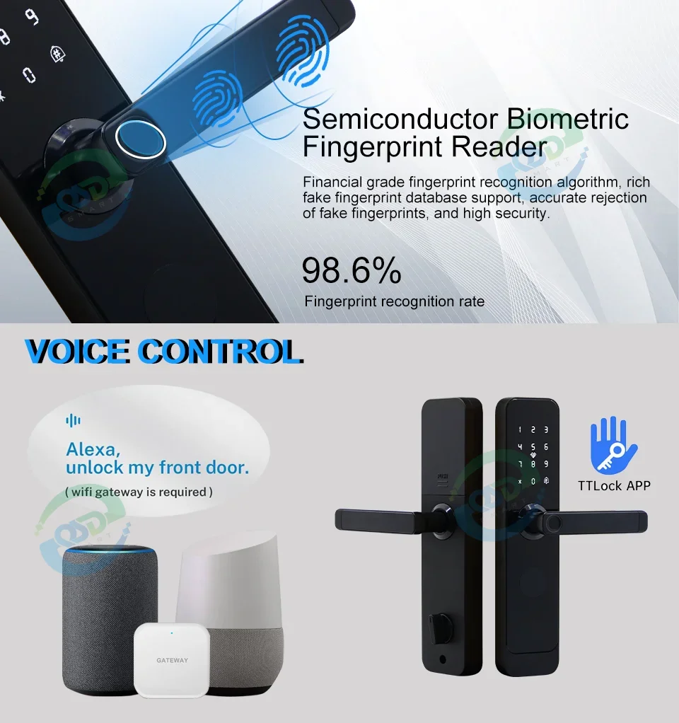 003 Waterproof Tuya Smart Lock Front Door TTlock WIFI Aluminum Fingerprint Recognition Keyless Electronic Handle Smart Door Lock