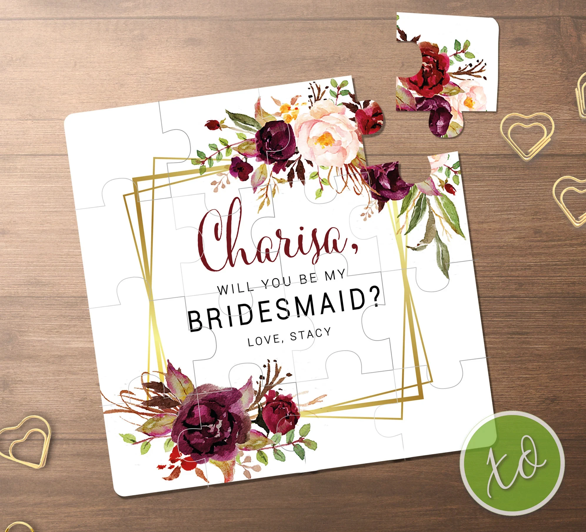 

16*16CM Personalized Jigsaw Bridesmaid Puzzle,Will You Be My Bridesmaid Purple Floral 3*5PCs Custom Flowers Puzzles