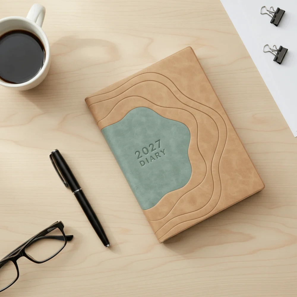PU Leather Cover 2027 Office Notepad Geometric Patchwork Patterns Thick Pages Schedule Planner Notebook Wear-resistant