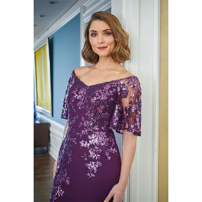 

Elegant Mother of the Bride Dress Off Shoulder Short Sleeve Applique Sequins Evening Gowns Floor Length Wedding Guest Dress