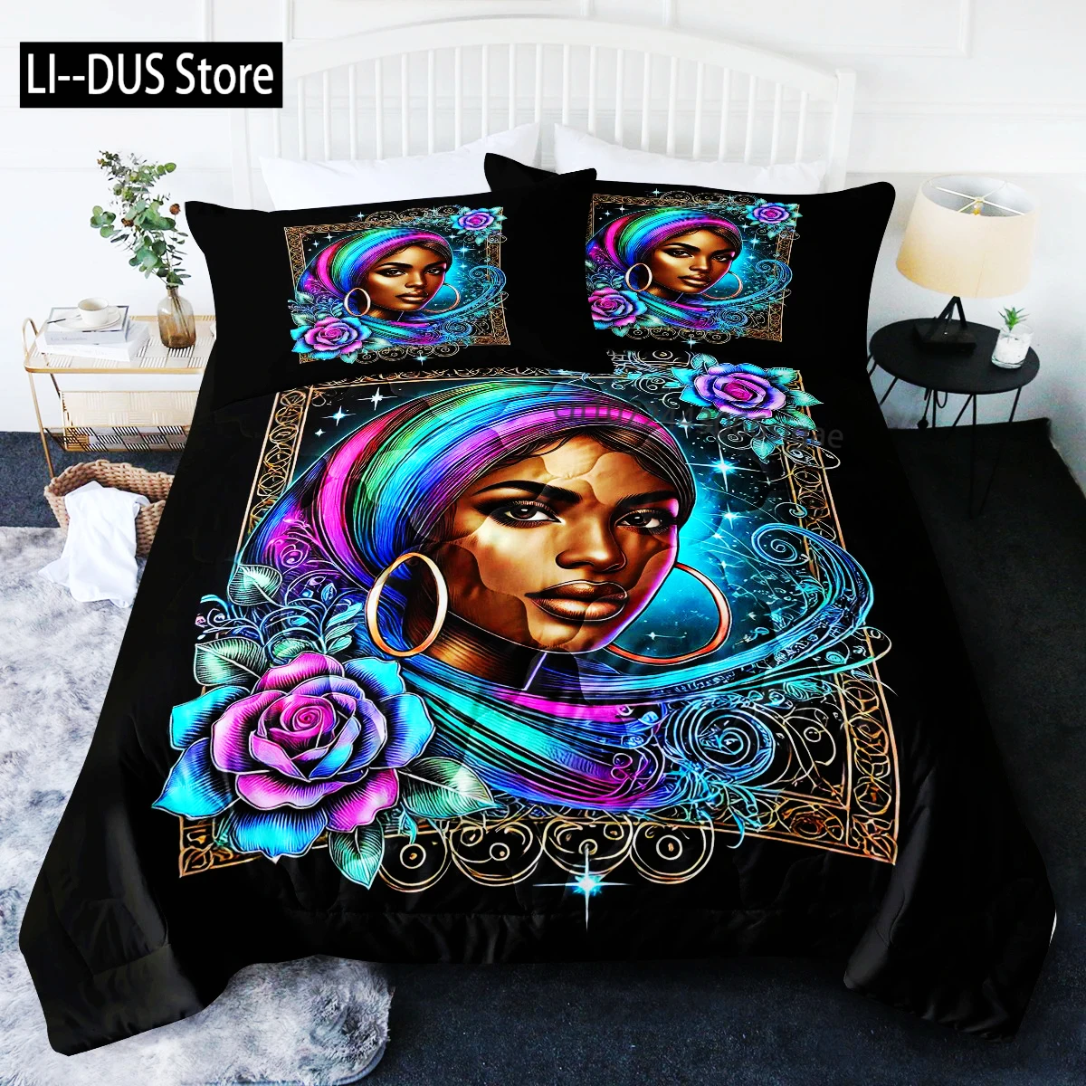 

3 Pcs Blue Rose Snow Leopard Bedding Sets Black Woman With Big Earrings Bed Set Comforter With Comforter & 2 Pillowcases