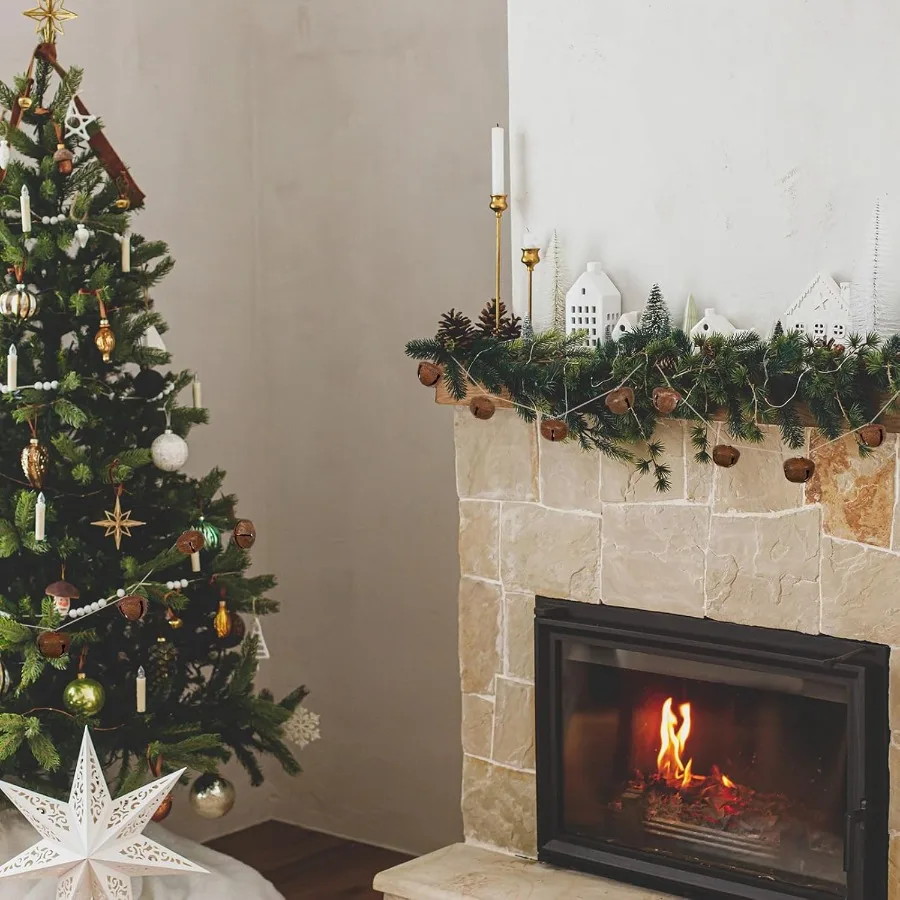 4 قطعة 6.5 قدم أجراس جلجل معدنية صدئة جارلاند مع أجراس عتيقة صدئة وسلسلة حبل الجوت لغطاء شجرة عيد الميلاد الريفية F