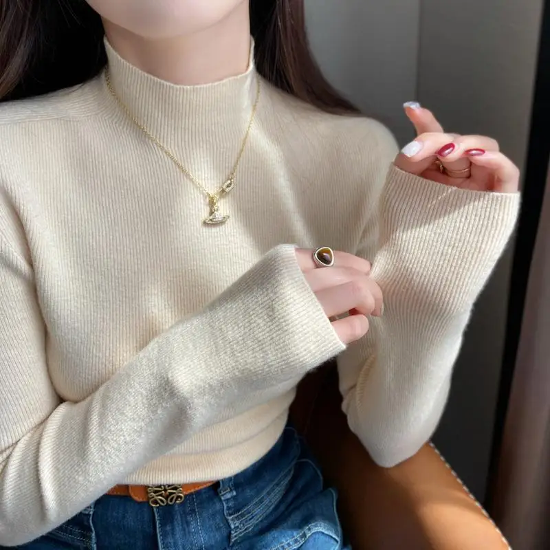 2025 جديد سليم كم طويل قاعدة المرأة البلوز محبوك بلون الياقة المدورة سترة تنوعا الخريف الشتاء الدافئة القمم #2