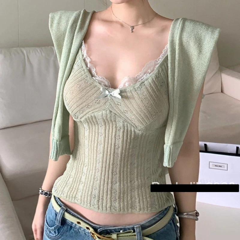 2026 New Spring Collection: Delicate Sparkle Lace Camisole & Knit Cardigan Set for Women