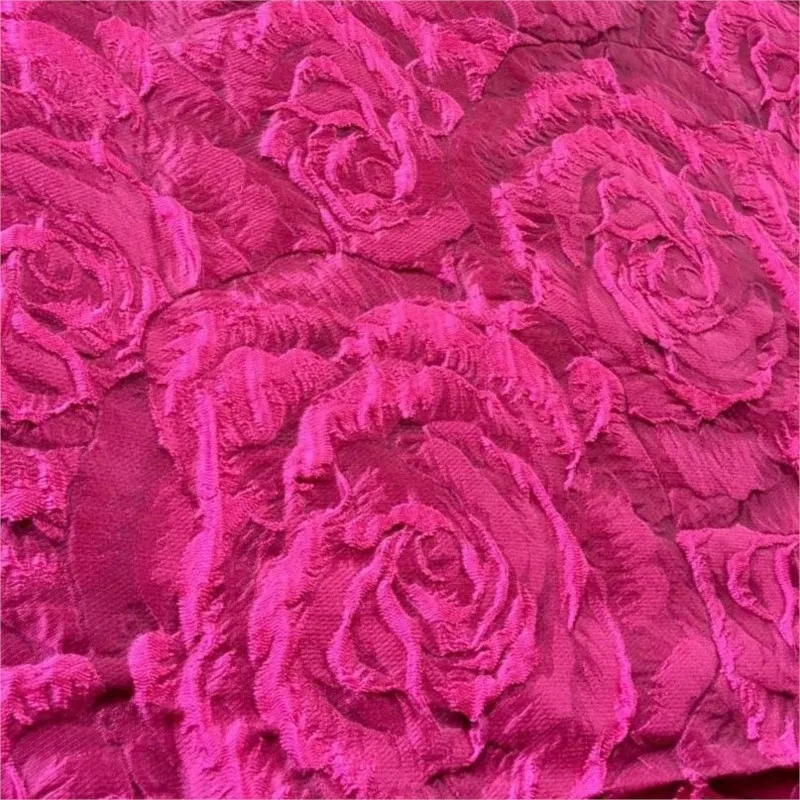 Rose red large flower jacquard fabric with a textured color woven for women's dress