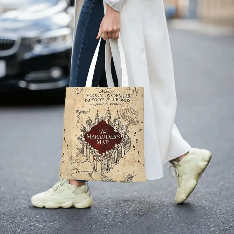 Custom Funny Printed Magic Marauders Map Tote Shopping Bags Recycling Canvas Shopper Shoulder Handbag