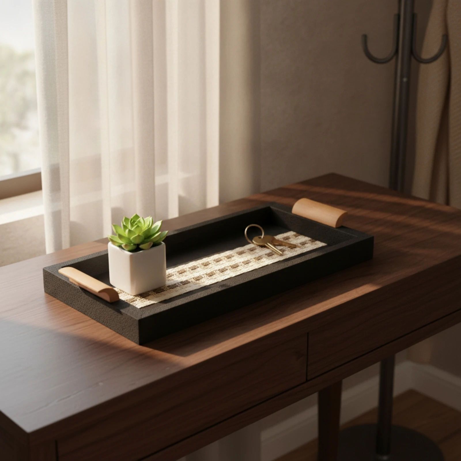 Decorative Tray with Wood Handles Low-Silhouette Rectangular Tray with Handles Portable Multifunctional for Minimalists