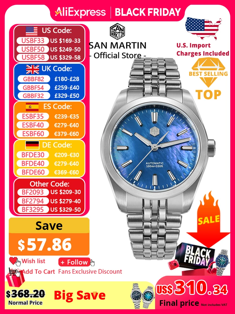 

San Martin 39 мм швабра циферблат спортивные часы Gada роскошное платье мужские Miyota 90S5 автоматические механические наручные часы водонепроницаемые 100 м SN0144