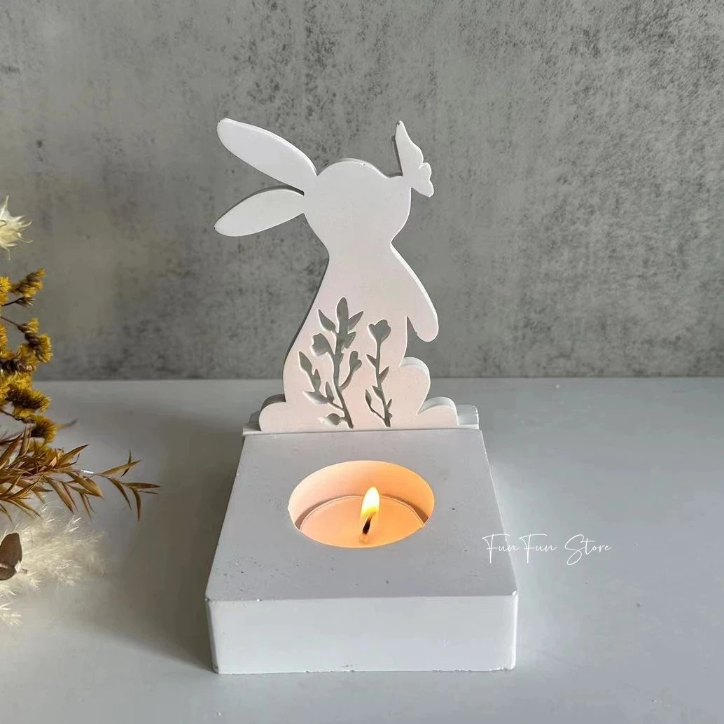 Hollow Flower Pattern Rabbit Candle Holder Silicone Mold Candle Holder Base Plaster Incense Stone Mold Easter Gift Home Decor